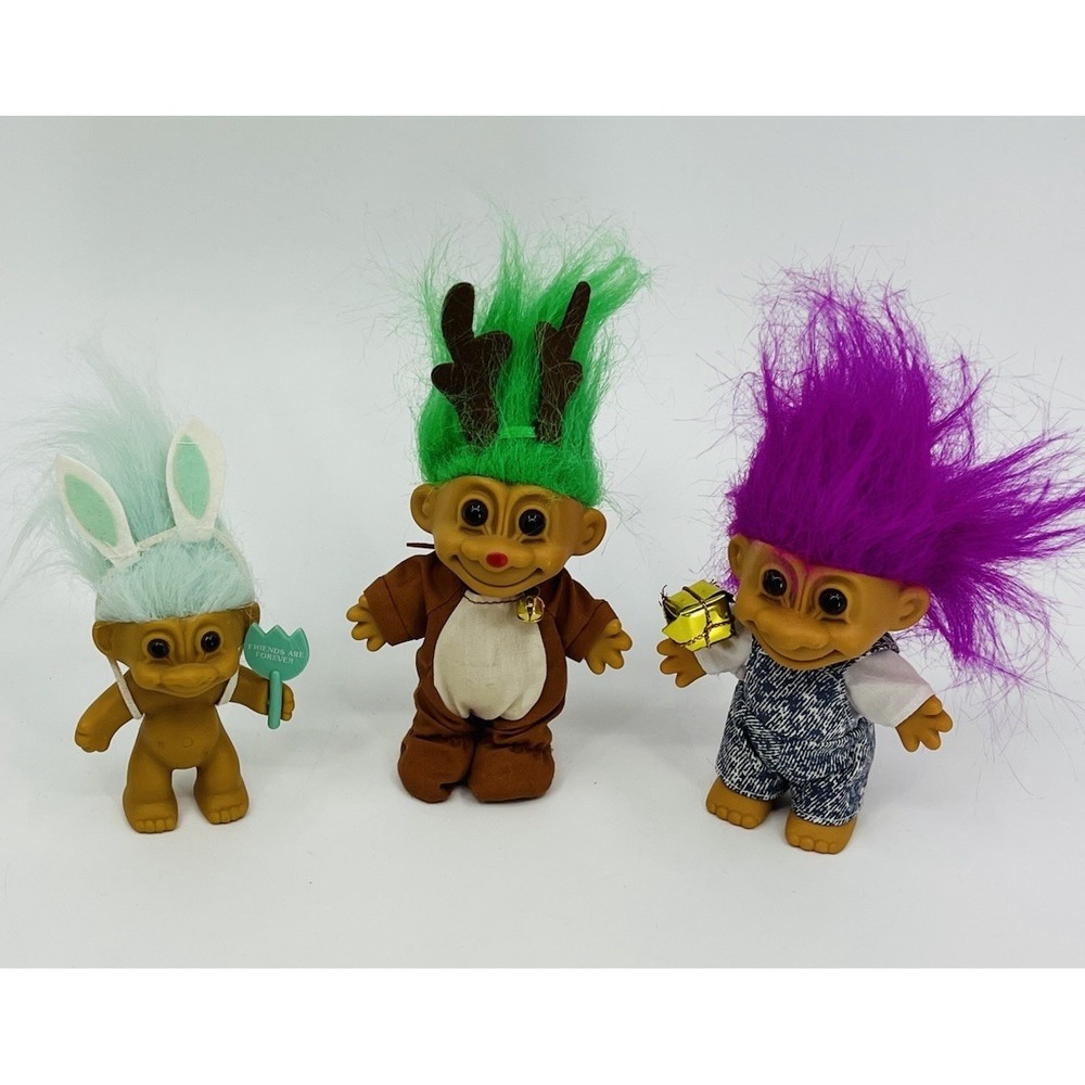 Russ Troll Dolls Lot of 3 Reindeer Rudolph Bunny Rabbit and Overalls 5" and 3"